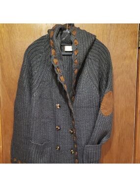 POL Gray Knit Cardigan Duster with Brown Ribbon Accents And Elbow Patches.